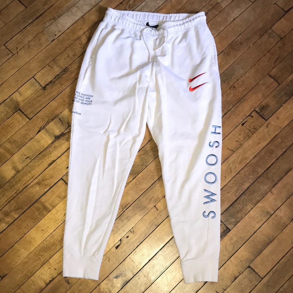 Nike White 'Swoosh' Jogger Sweatpants with‎ Red Swoosh